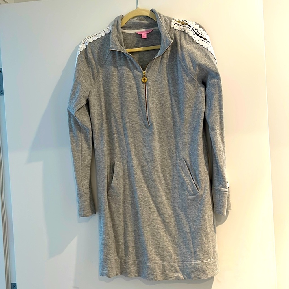 Lilly Pulitzer grey sweatshirt dress with lace detail and zip collar